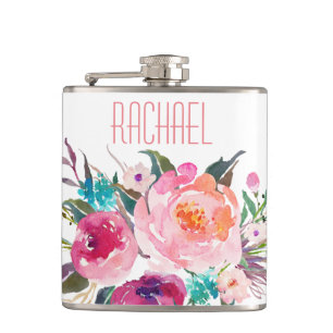 Watercolor Rose Floral with Name Hip Flask