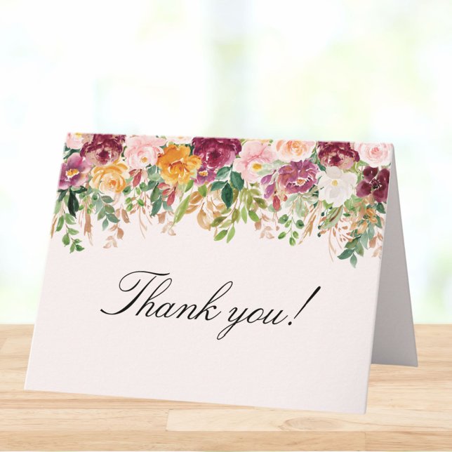 Watercolor Rose Flower Garden Wedding Folded Thank You Card (Close up)