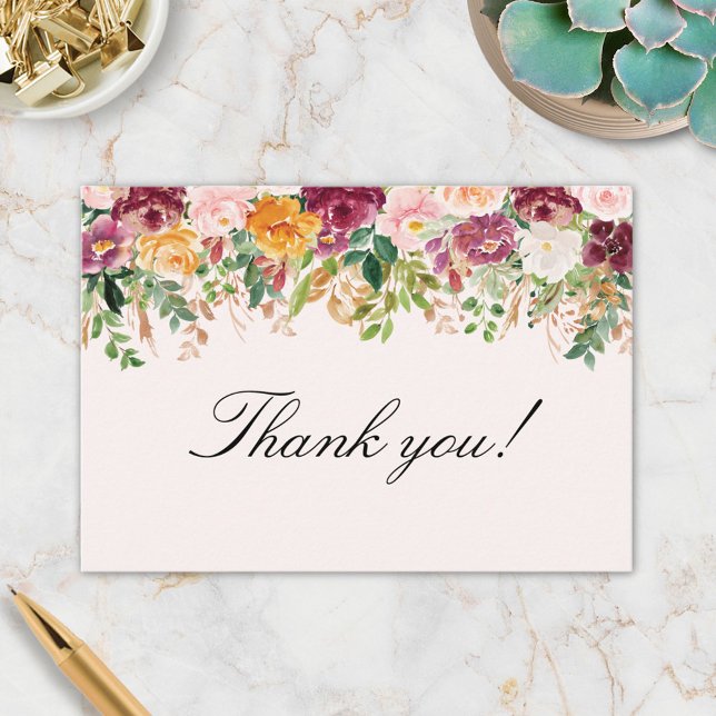 Watercolor Rose Flower Garden Wedding Thank You Card (In situ)