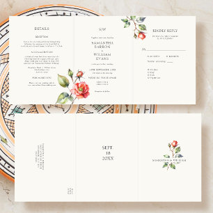 Watercolor Rose flower Wedding Tri-Fold Invitation