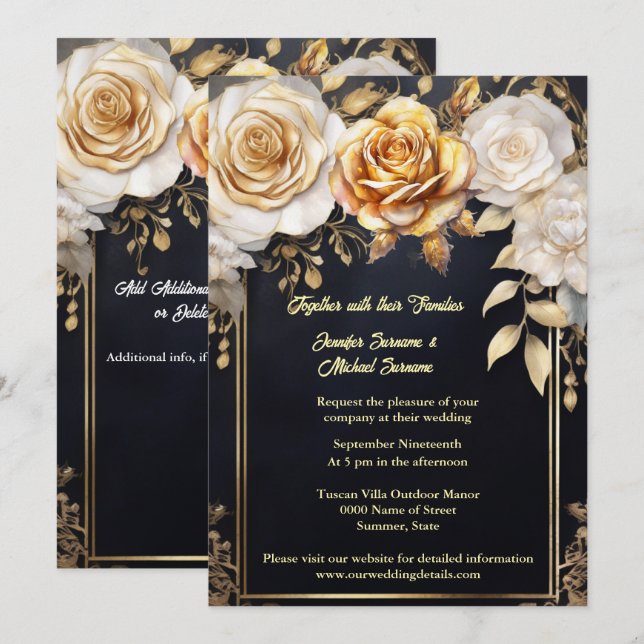 Watercolor rose flowers black gold elegant wedding invitation (Front/Back)