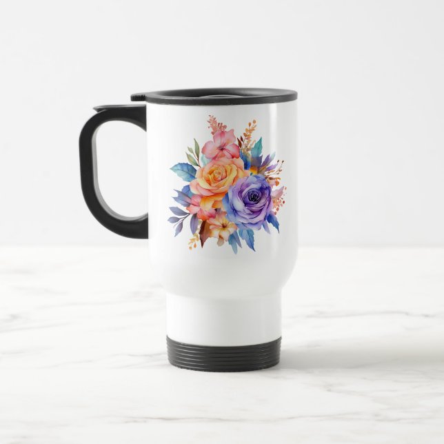 Watercolor Rose Flowers Design-58392 Travel Mug (Left)