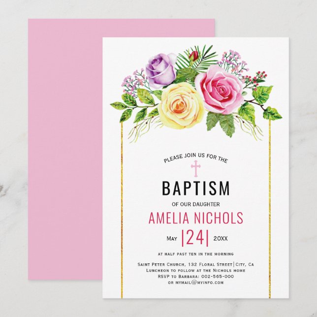 Watercolor rose flowers floral pink Baptism  Invitation (Front/Back)