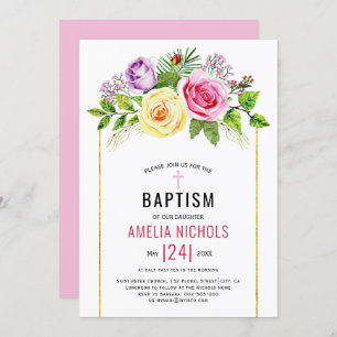 Watercolor rose flowers floral pink Baptism Invitation