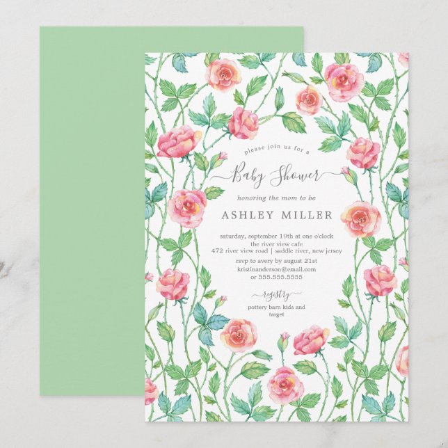 Watercolor Rose Garden Floral Baby Shower Invitation (Front/Back)