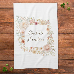 Watercolor Rose Garden Floral Personalised Name Tea Towel
