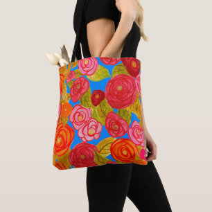 Watercolor Rose Garden Flowers On Aqua Tote Bag