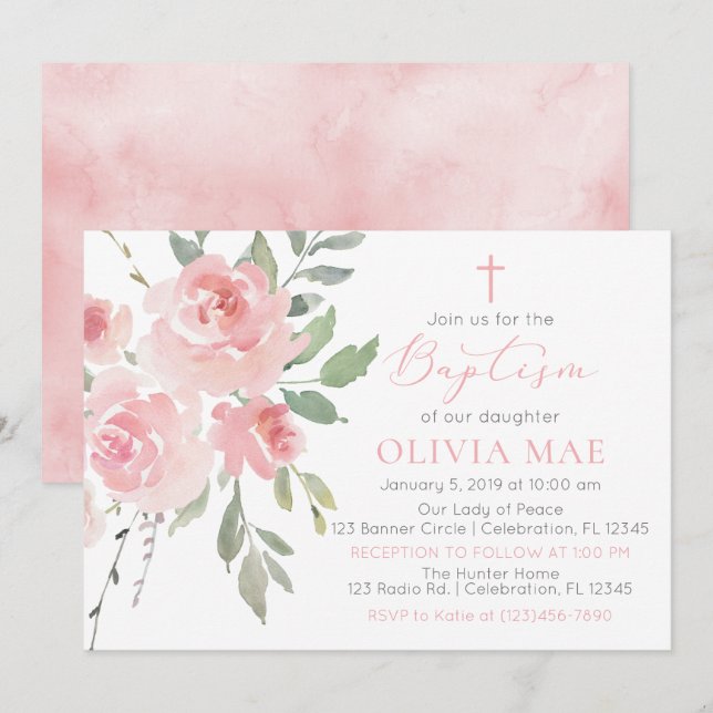 Watercolor Rose Garden Girl Baptism Invitation (Front/Back)