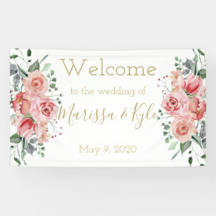 Watercolor Rose Garden Wedding Welcome Banner