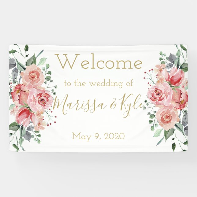 Watercolor Rose Garden Wedding Welcome Banner (Horizontal)