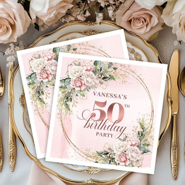 Watercolor Rose Gold 50th Birthday Party Napkins (Watercolor Rose Gold 50th Birthday Party Napkins)