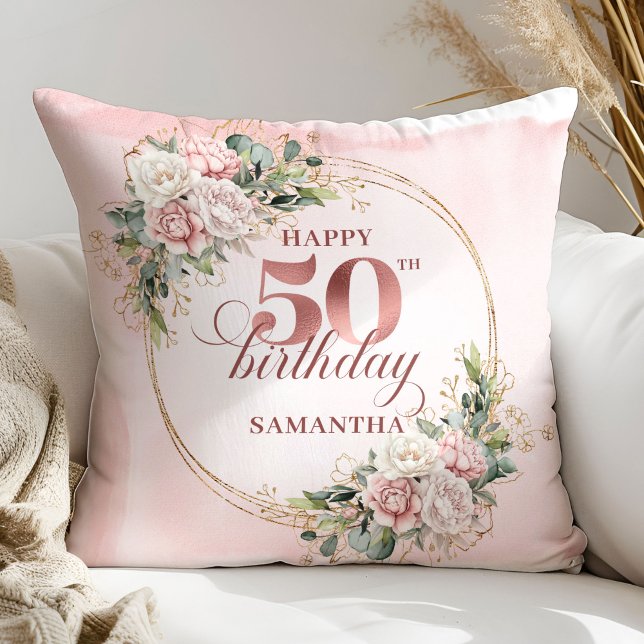 Watercolor Rose Gold 50th Birthday Pillow Gift (Watercolor Rose Gold 50th Birthday Pillow Gift)