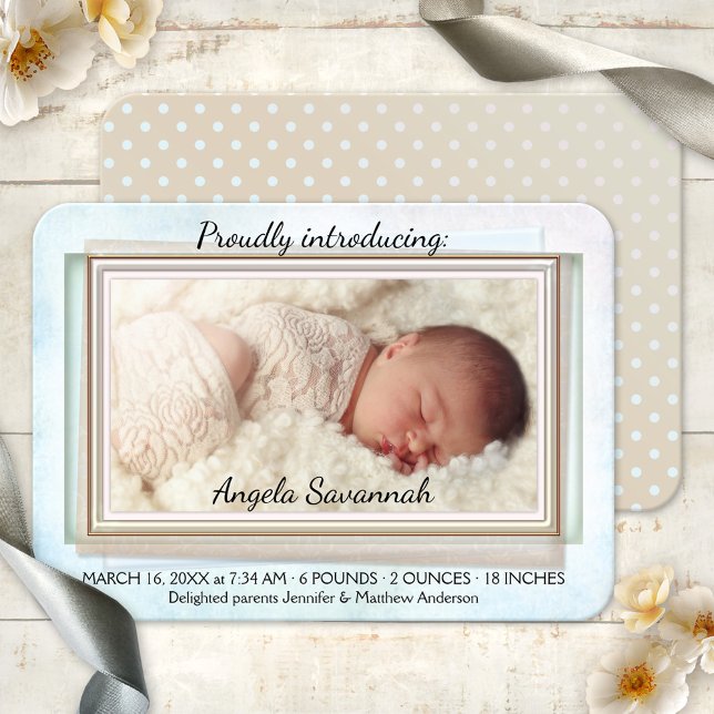 Watercolor Rose Gold Baby Photo Announcement (Baby photo announcement featuring your custom photo framed by a retro watercolor painted design)