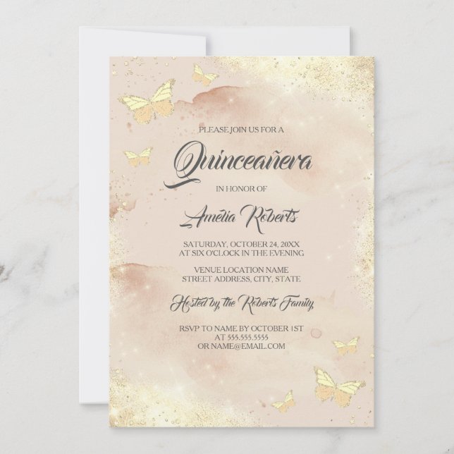 Watercolor Rose Gold Butterfly Dress Quinceanera   Invitation (Front)
