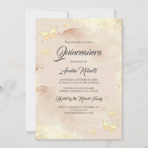 Watercolor Rose Gold Butterfly Dress Quinceanera   Invitation