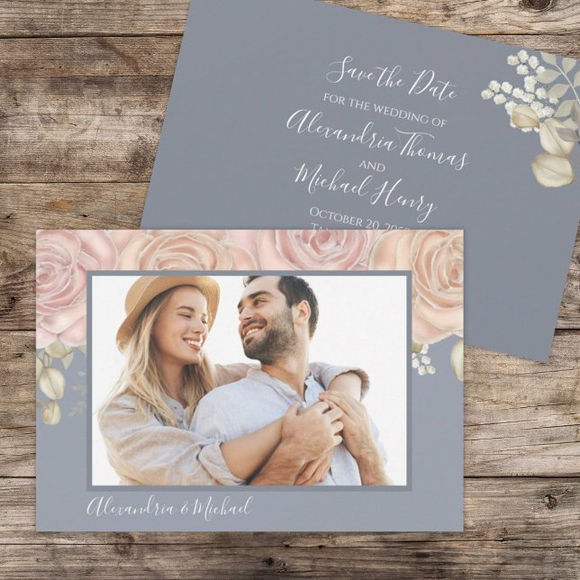 Watercolor Rose Gold Dusty Blue Elegant Save The Date (Creator Uploaded)
