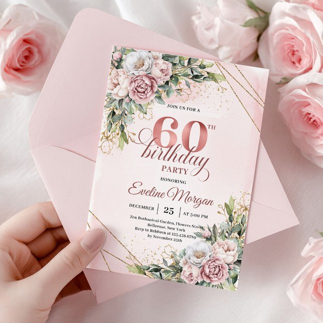 Watercolor Rose Gold Eucalyptus 60th Birthday  Invitation (Watercolor Rose Gold Eucalyptus 60th Birthday Invite)