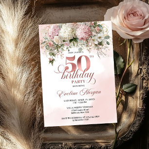 Watercolor Rose Gold Floral 50th Birthday Celebrat Invitation