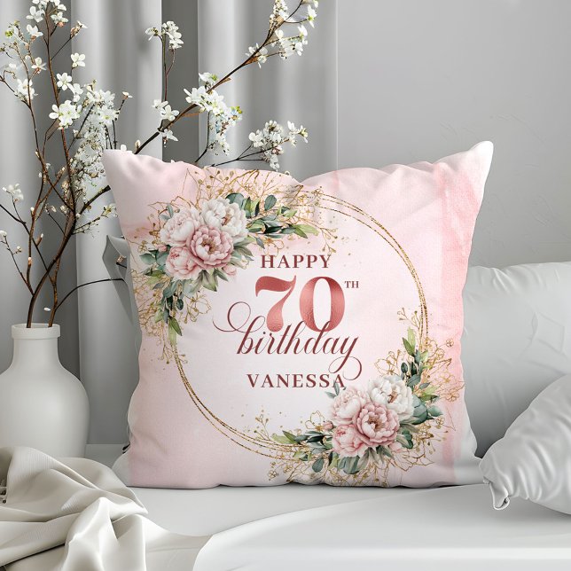 Watercolor Rose Gold Floral Eucalyptus Art 70th  Cushion (Watercolor Rose Gold Floral Eucalyptus Art 70th birthday pillow

)