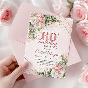 Watercolor Rose Gold Flowers Dusty Pink 60th Birth Invitation