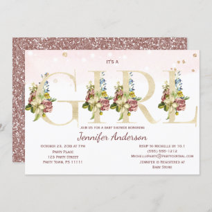 Watercolor Rose Gold Glitter Baby Girl Shower Invitation