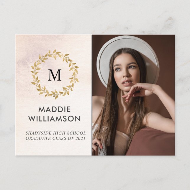 Watercolor Rose Gold Laurel Photo Grad Party  Invitation Postcard (Front)