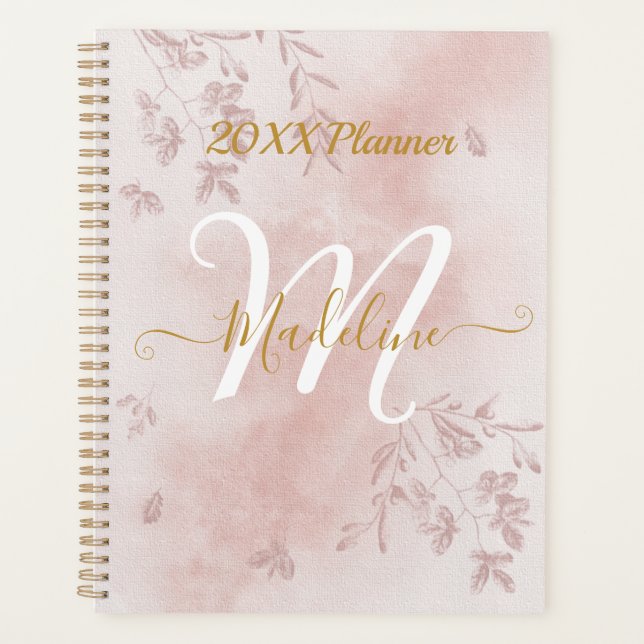 Watercolor Rose Gold Leaves Monogram Planner (Front)