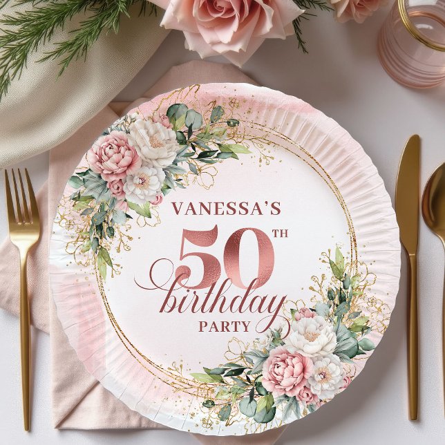 Watercolor Rose Gold White Peonies 50th Birthday  Paper Plate (Watercolor Rose Gold White Peonies 50th Birthday Dinner Plates

)