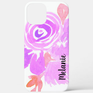 Watercolor Rose Greenery Pink Purple Monogrammed iPhone 12 Pro Max Case