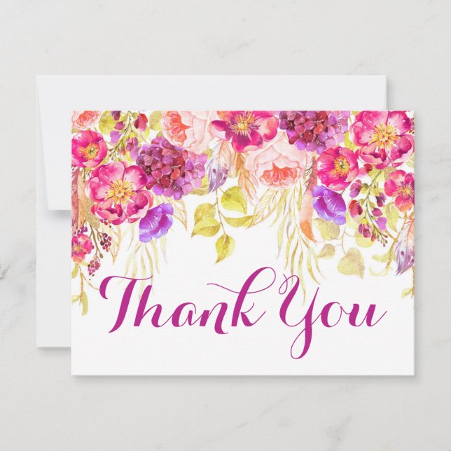 Watercolor Rose Hydrangea Floral Thank You Card (Front)