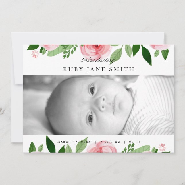Watercolor Rose Leaf Birth Announcement (Front)