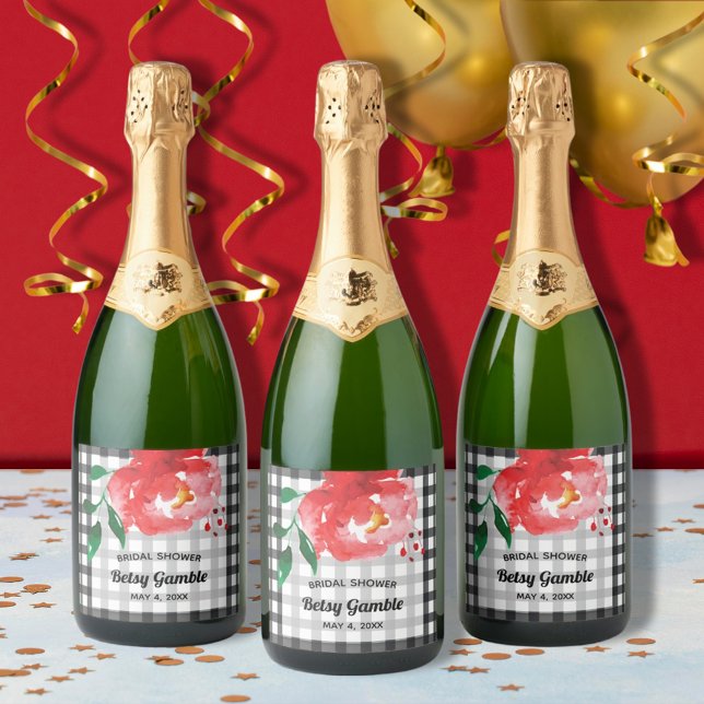 Watercolor Rose on Gingham Sparkling Wine Labels (Watercolor red rose on black and white gingham sparkling wine bottle personalized labels)