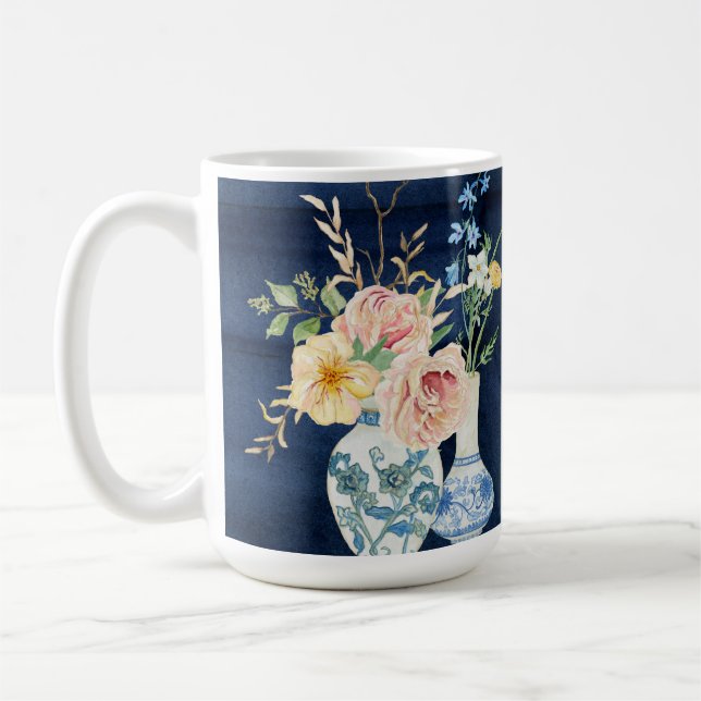 Watercolor Rose Peony Flowers Navy Blue Wood Coffee Mug (Left)