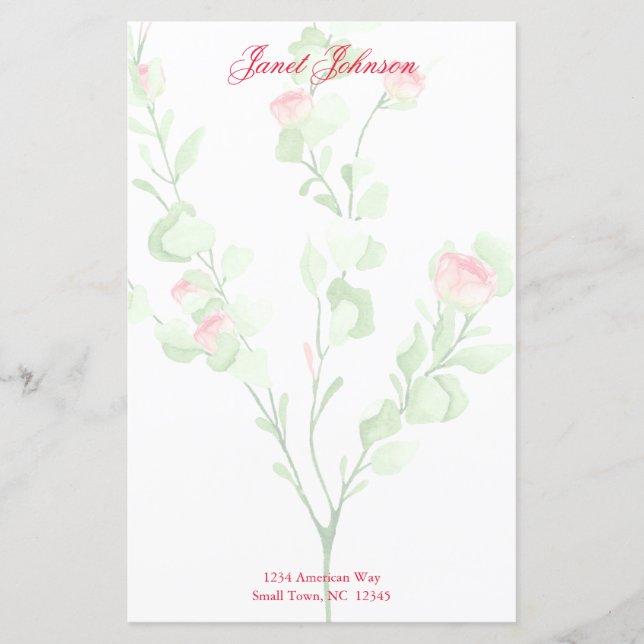 Watercolor Rose Personal Stationery (Front)