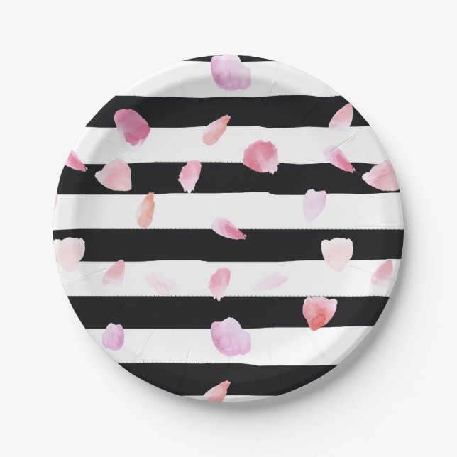 Watercolor Rose Petals Black Stripes Paper Plate (Front)