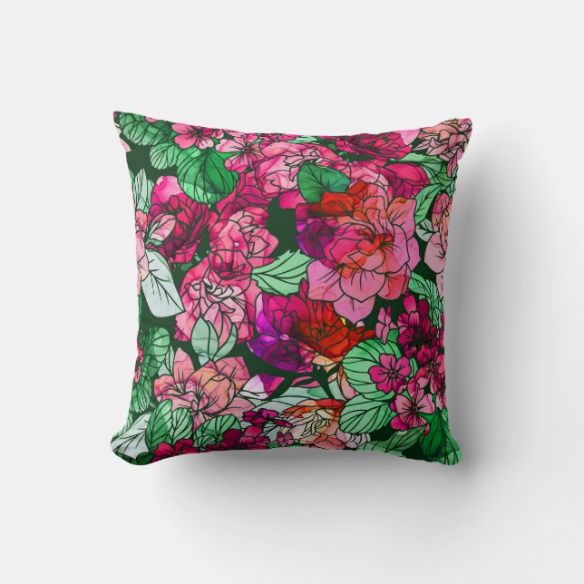 Watercolor Rose Pink Burgundy Red Garden Flowers Cushion (Front)