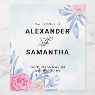 Watercolor Rose Pink Cloudy Blue Leaves Wedding Wine Label