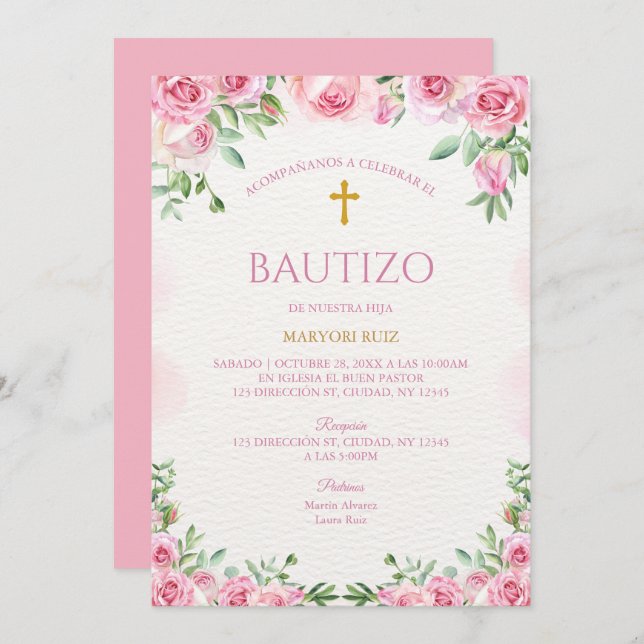 Watercolor Rose Pink Floral Girl Baptism Invitation (Front/Back)