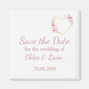 Watercolor Rose Pink Floral Heart Save the Date  Magnet