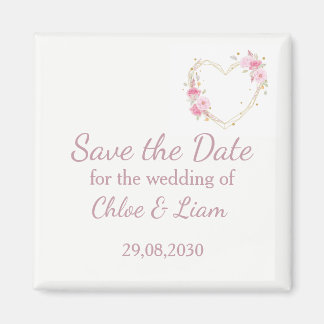 Watercolor Rose Pink Floral Heart Save the Date Magnet