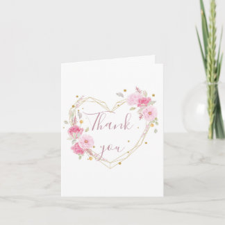 Watercolor Rose Pink Floral Heart Thank You Invitation