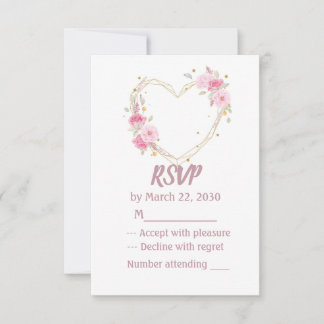 Watercolor Rose Pink Floral Heart Wedding RSVP Card