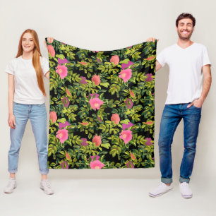Watercolor rose pink flowers botanical floral retr fleece blanket