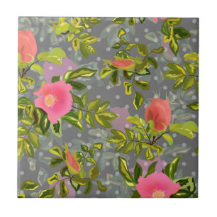 Watercolor rose pink flowers botanical floral retr tile