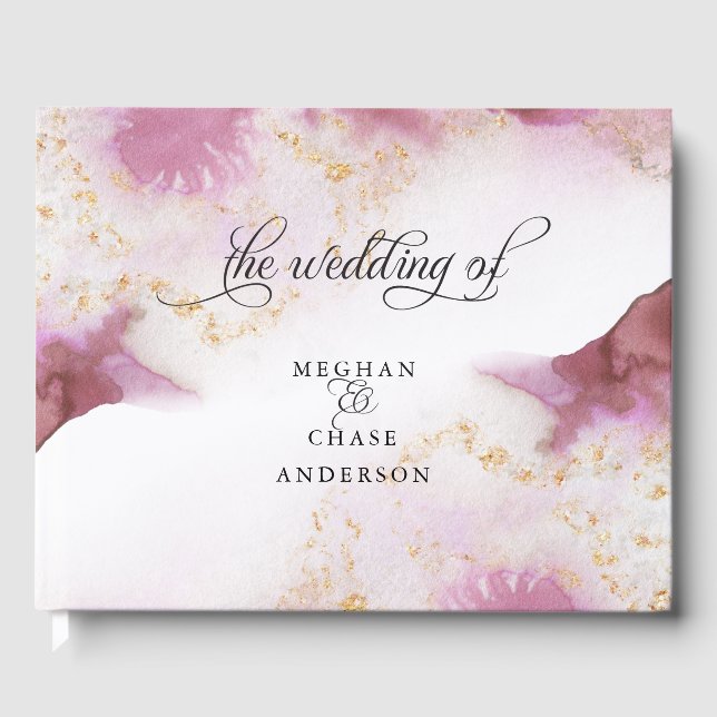 Watercolor Rose Quartz Gold Geode BarefootBride™ Guest Book (Front)