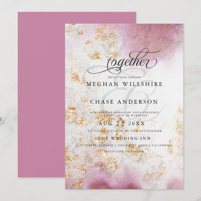 Watercolor Rose Quartz Gold Geode BarefootBride™ Invitation (Front/Back)