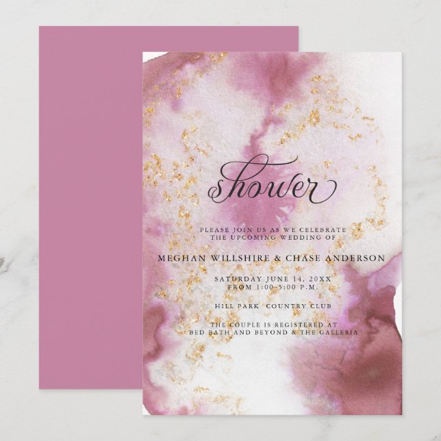 Watercolor Rose Quartz Gold Geode BarefootBride™ Invitation (Front/Back)