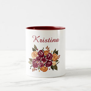 Watercolor Rose Red Gold Wreath with Name Two-Tone Coffee Mug