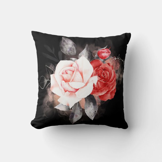 Watercolor rose red white arrangement black ground cushion (Front)
