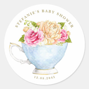 Watercolor Rose Teacup Floral Baby Shower Tea Classic Round Sticker